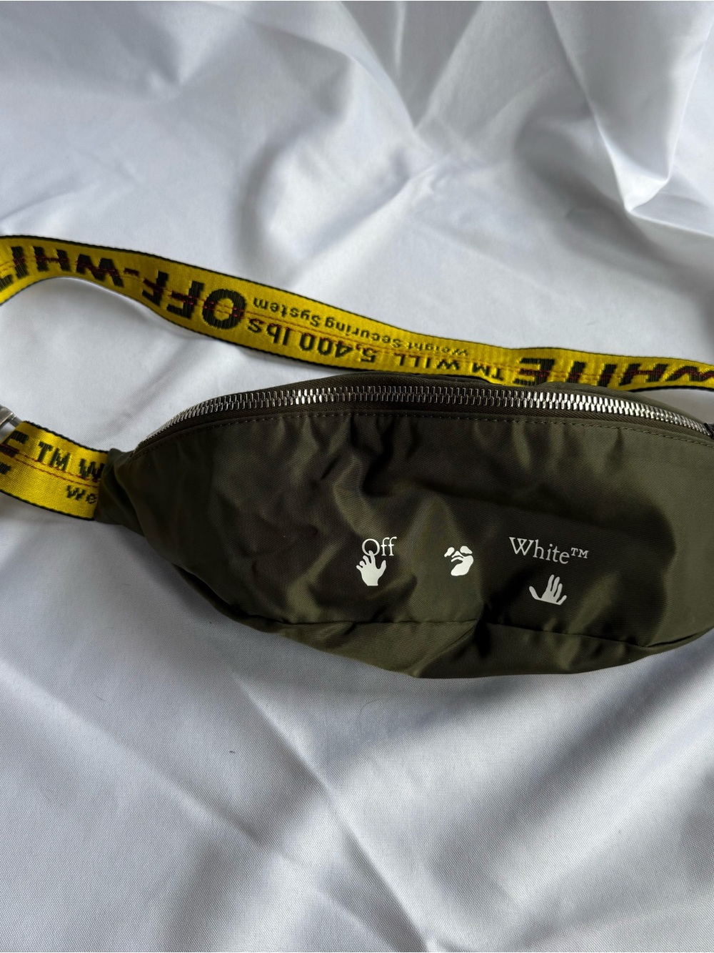 Off-White Green Crossbody Bag with Yellow Branded Strap
